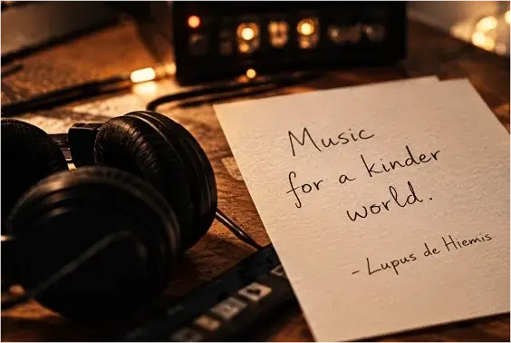 Headphones beside a handwritten note reading “Music for a kinder world”